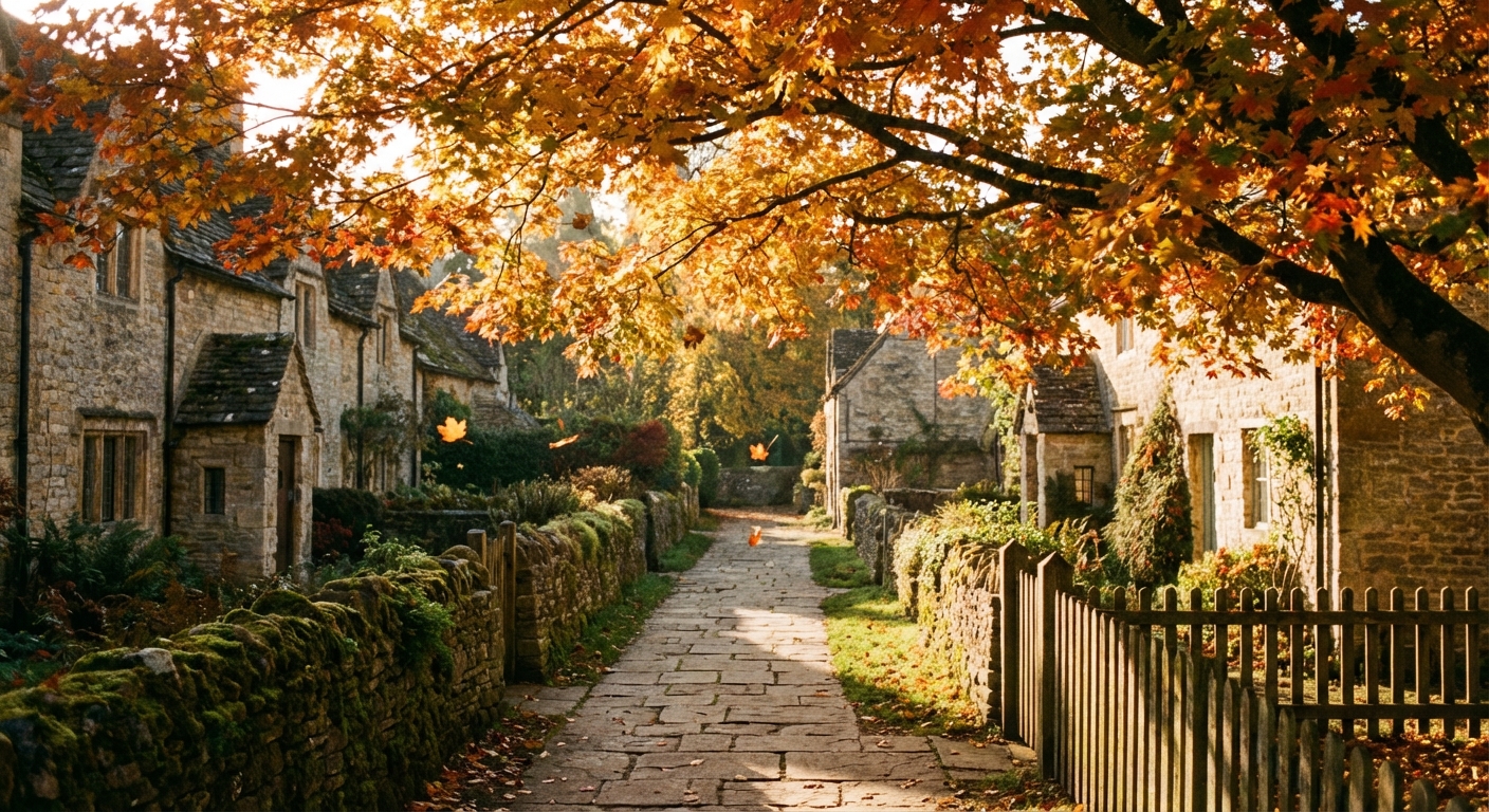 Couple walking through autumn maple trees with golden and red leaves