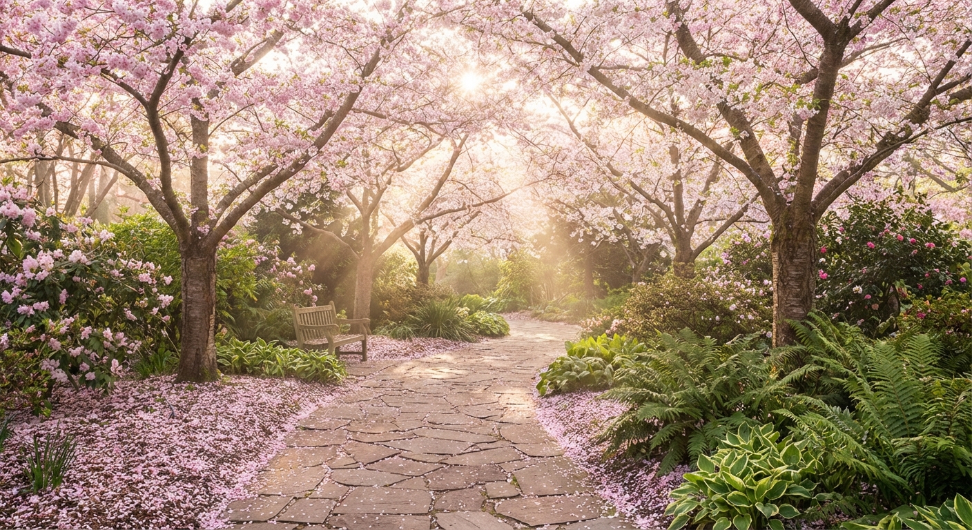 Bride with spring flower bouquet among cherry blossoms