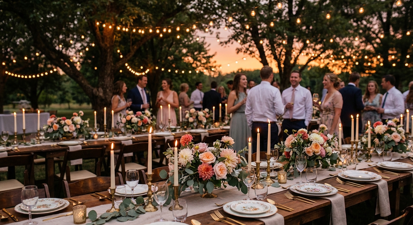 Outdoor garden wedding ceremony under string lights at sunset