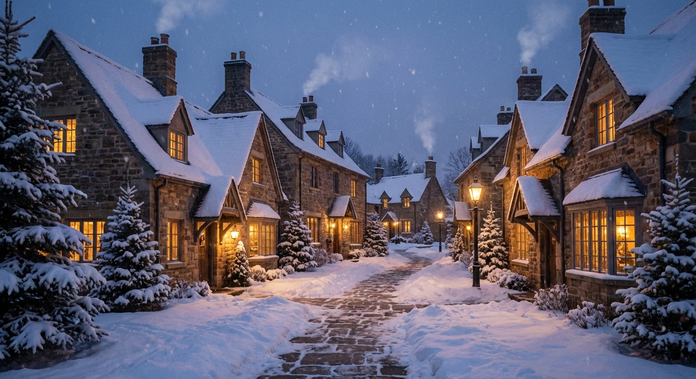 Winter wedding scene with snow-covered stone buildings and warm candlelight