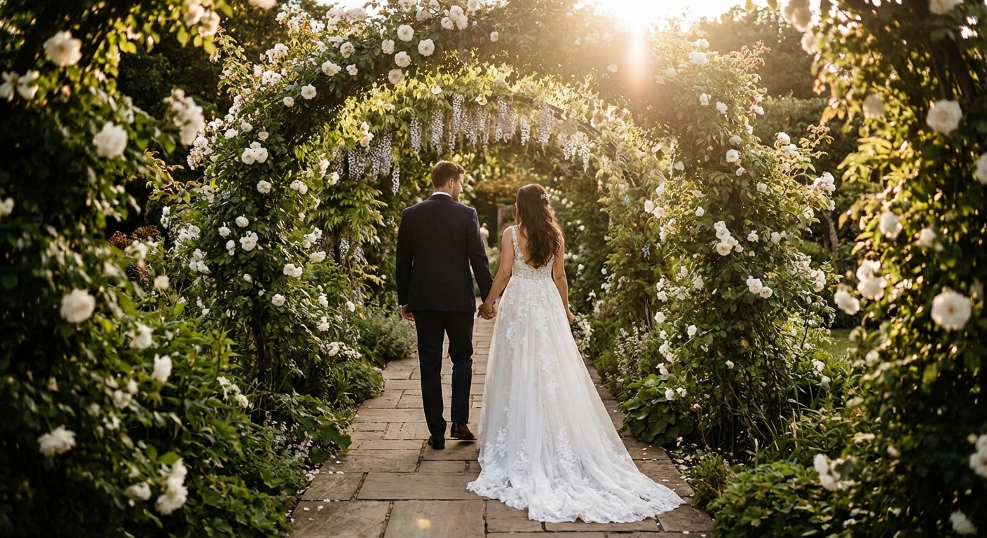 Elegant couple walking through a garden archway at golden hour