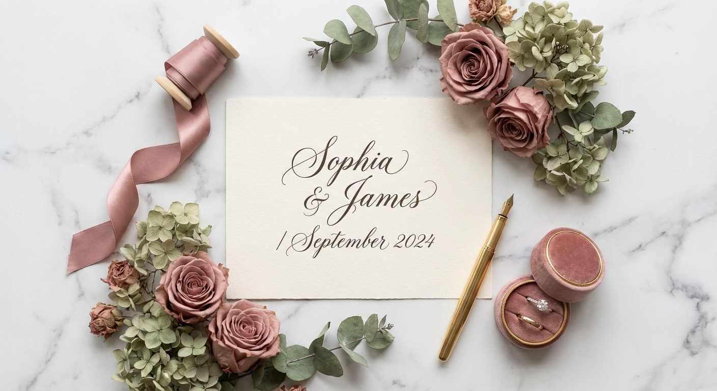 Wedding planning flat-lay with invitation, flowers, and rings