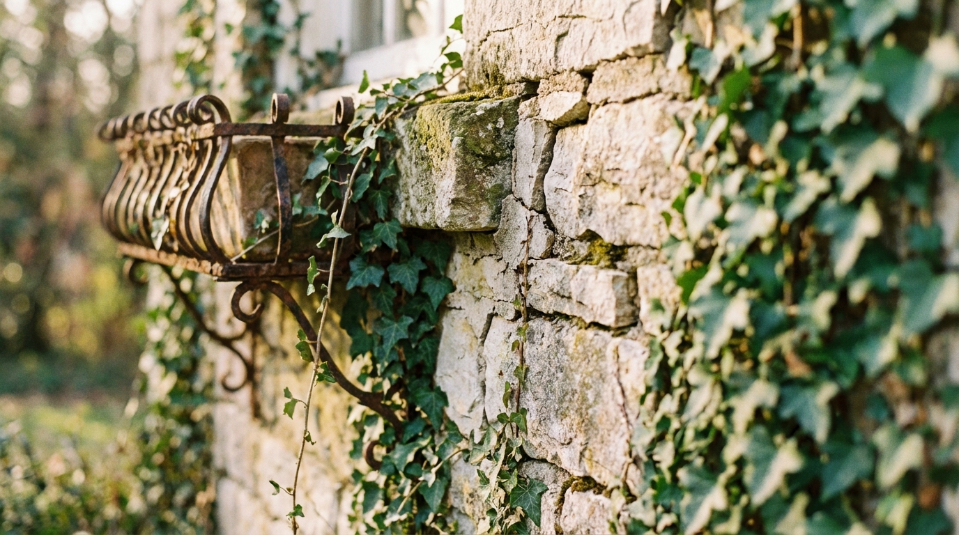 Heritage limestone building facade with ivy and wrought iron details