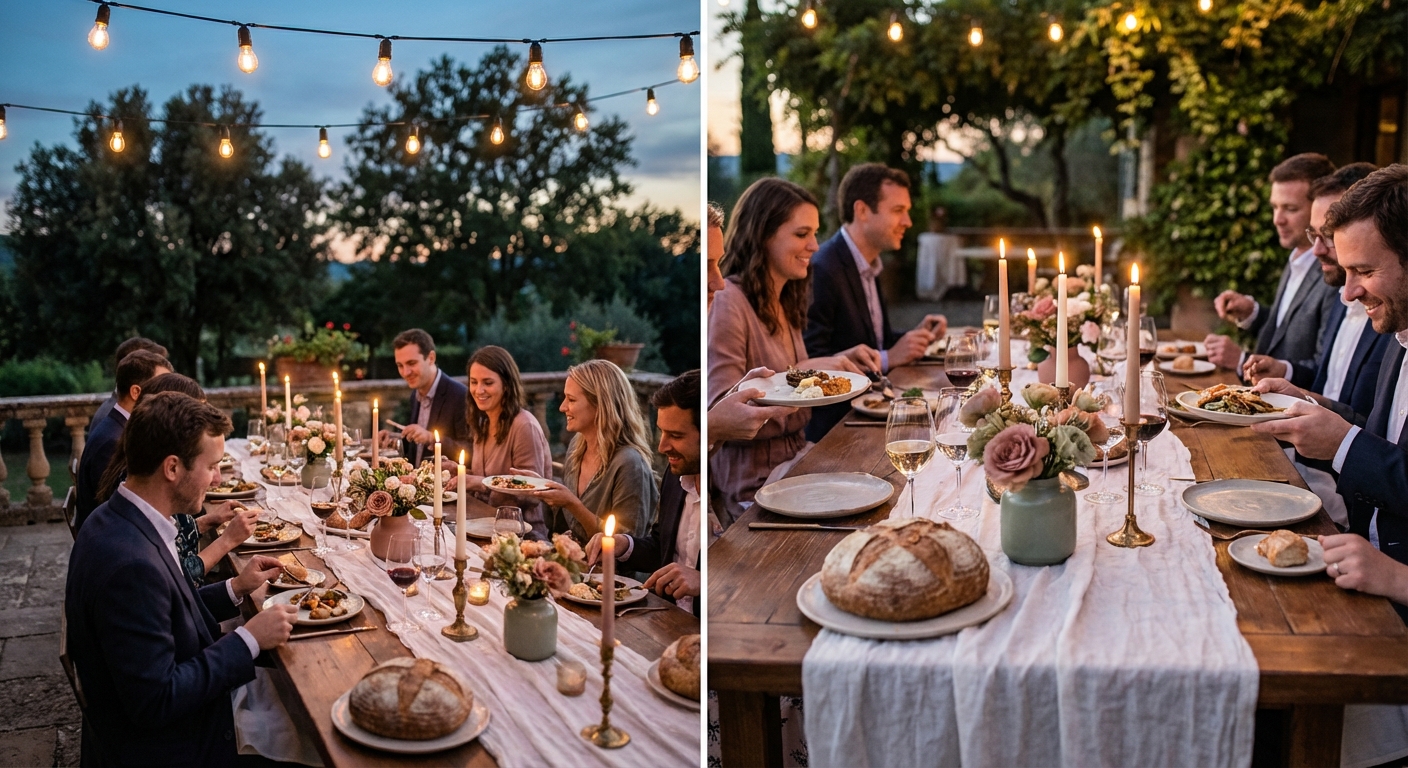 Elegant dining terrace overlooking a river gorge at golden hour