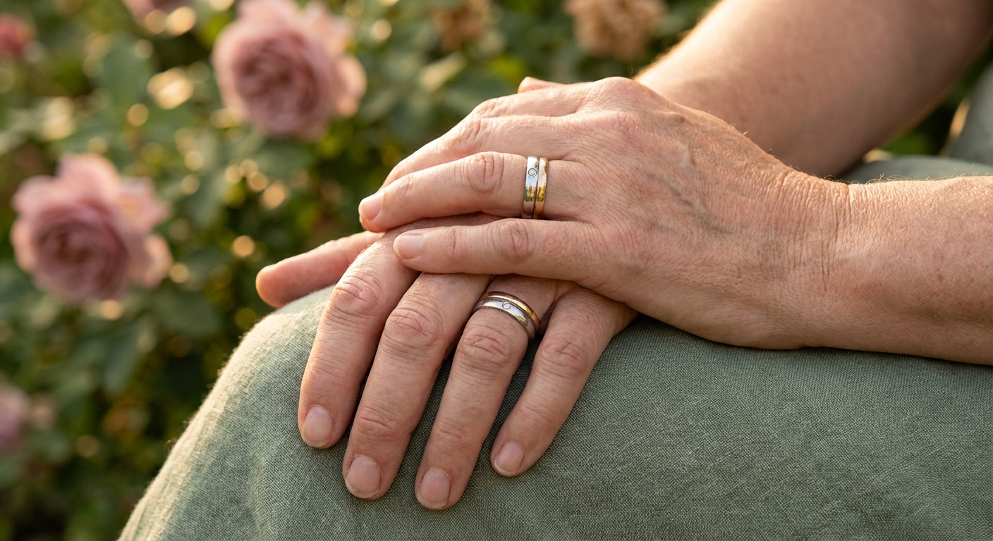 Intertwined hands with wedding rings in warm sunlight